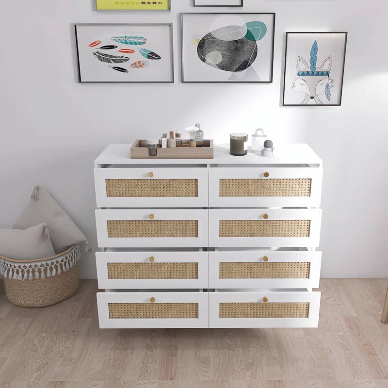 8-Drawer Chest of Drawers with Rattan Drawer Fronts, Golden Legs, and Handles