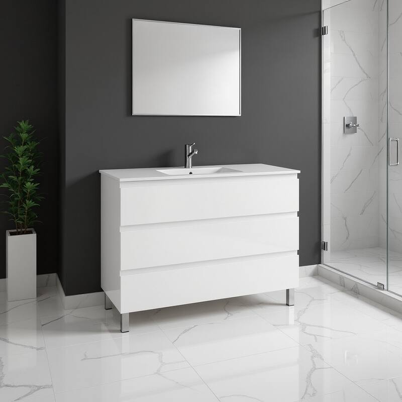 HomeRoots 48" White Wood Freestanding Bathroom Vanity With White Sink And Three Drawers - 48.00 in. x 33.12 in. x 17.88 in. - 48.00 in. x 33.12 in.  x 17.88 in. - Polished - White