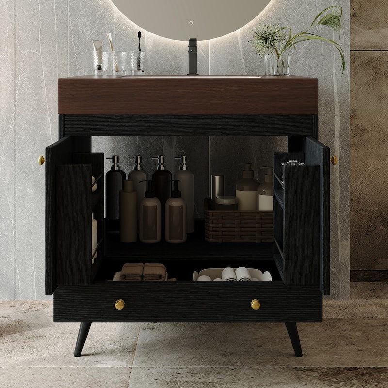 Contemporary 30" Freestanding Bathroom Vanity with Faux Marble Top & Ceramic Sink, Double Door Cabinet