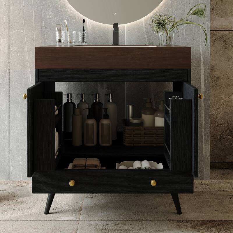 Free-standing Bathroom Vanity with Faux Marble Top & Ceramic Sink, 30" Double Door Storage Cabinet, Waterproof Engineered Wood