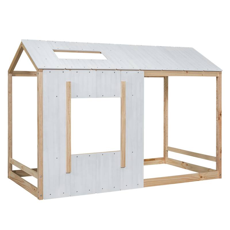 Twin Size House Solid Construction Platform with Roof and Window Design, Easy Assembly