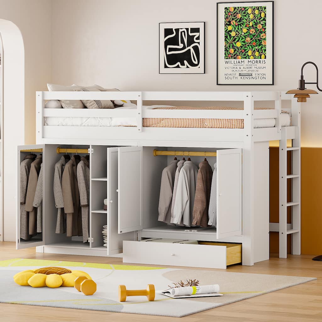 Twin size Loft Bed with Drawer, Two Wardrobes and Mirror