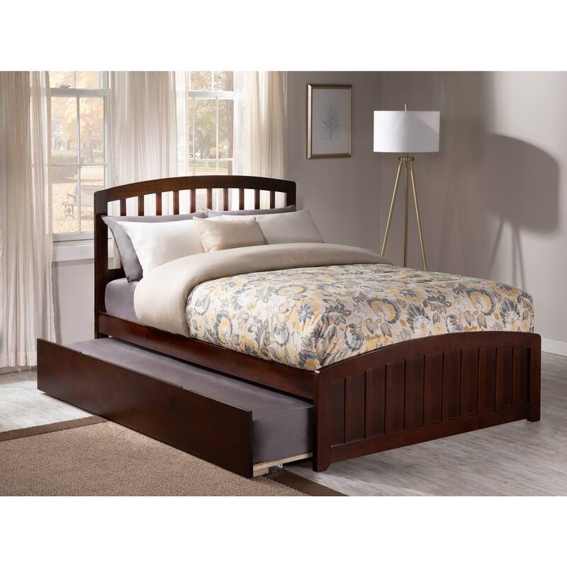Full Platform Bed with Trundle - Coastal Style Bedroom Furniture - Walnut Finish - Twin Size - HomeStock