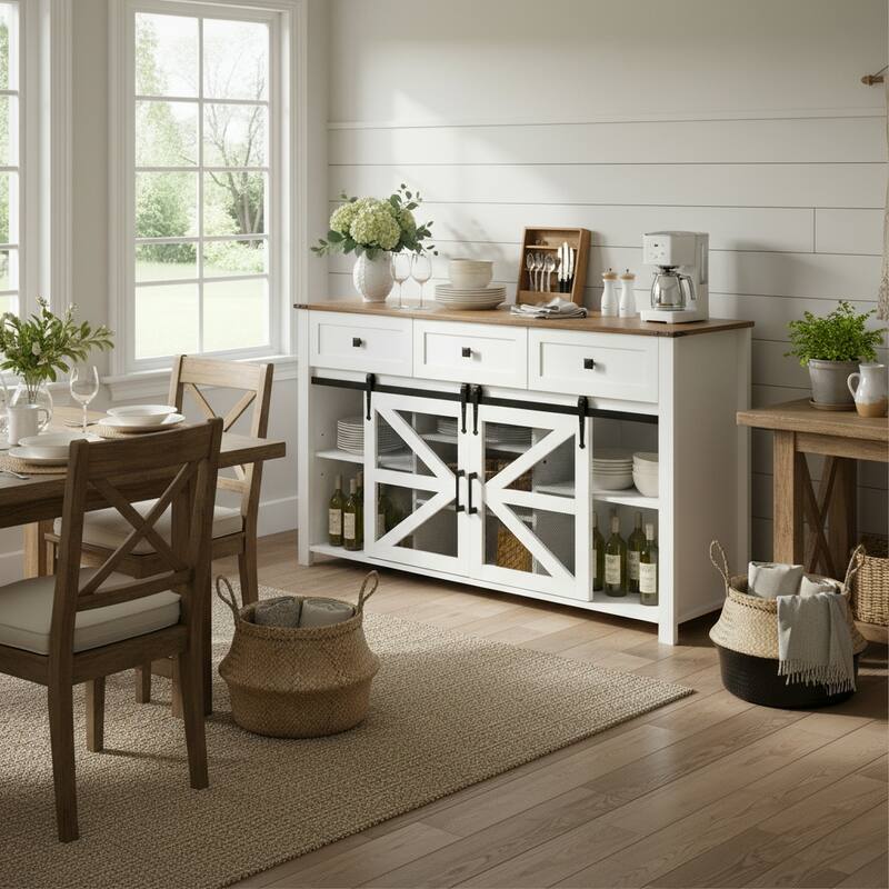 Sliding Barn Door Sideboard with 3 Drawers and Adjustable Shelves, Buffet Cabinet with Metal Mesh and Aluminum Handles
