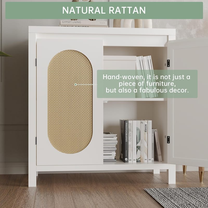 Rattan Storage Cabinet with PVC Woven Doors, Wooden Sideboard Buffet, with Adjustable Shelf, Multifunctional Cupboard