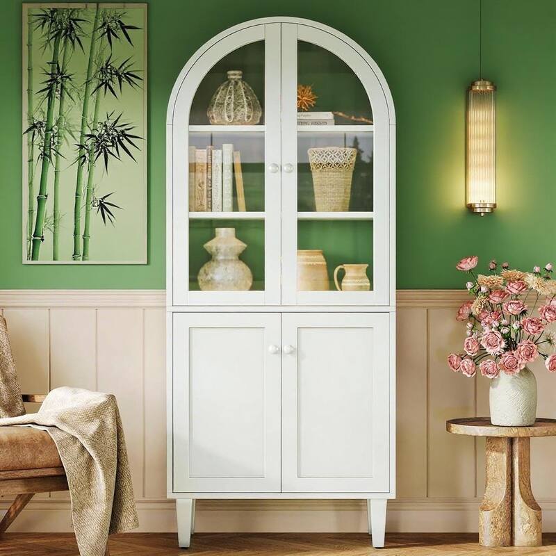 Stylish Arched Wooden Display Cabinet 4 Doors 5 Shelves Vintage Modern Storage for Living Room Bedroom Kitchen