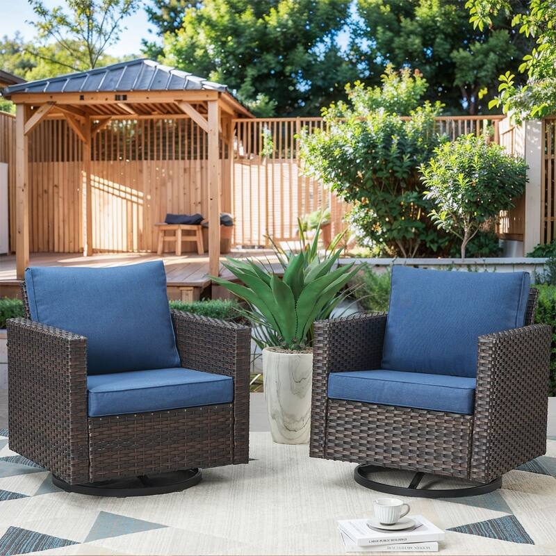 Pocassy Patio Swivel Chair with Soft Cushion - Brown Wicker Blue Cushion - 2PCS Swivel Chairs