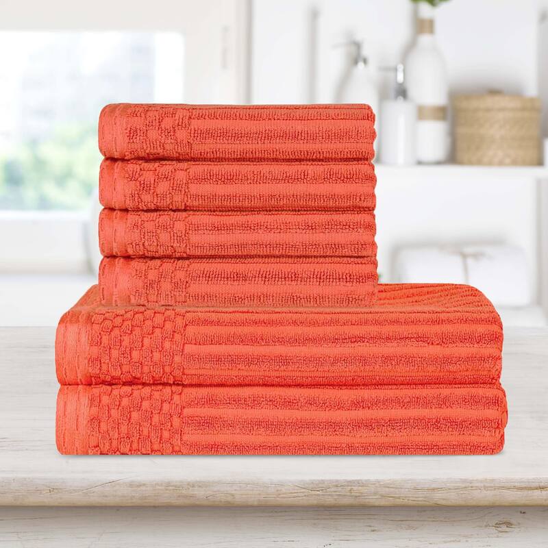 Superior Ribbed Cotton Absorbent Heavyweight Hand Towel and Bath Towel Set - Coral