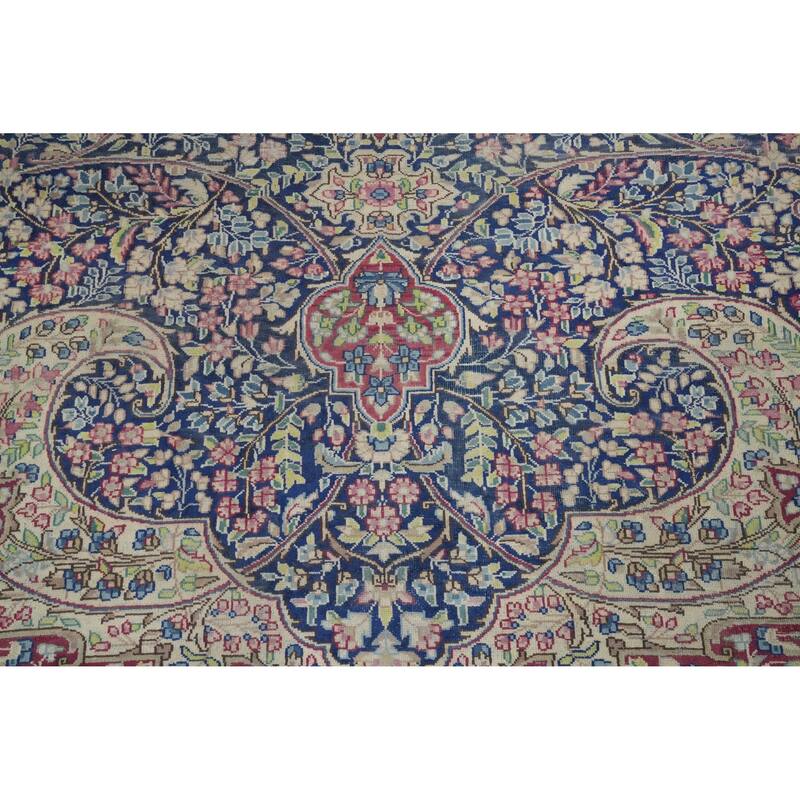 Hand Knotted Oriental 100% Wool Carpet Traditional Floral Navy Blue & Blues Kerman Area Rug - 10' 9'' X 7' 11''