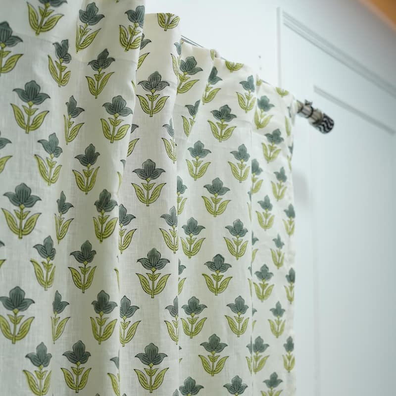 Fabdivine Handmade Block Print Viscose Linen Gift Home Decorative Accent Vintage Curtain or Drape - Tulip- Yellow, Grey - 54" X 57"