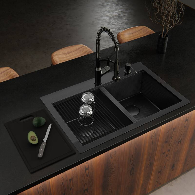 Matrix 33" Top Mount Workstation 16 Gauge Double Bowl Stainless Steel Kitchen Sink with Accessories