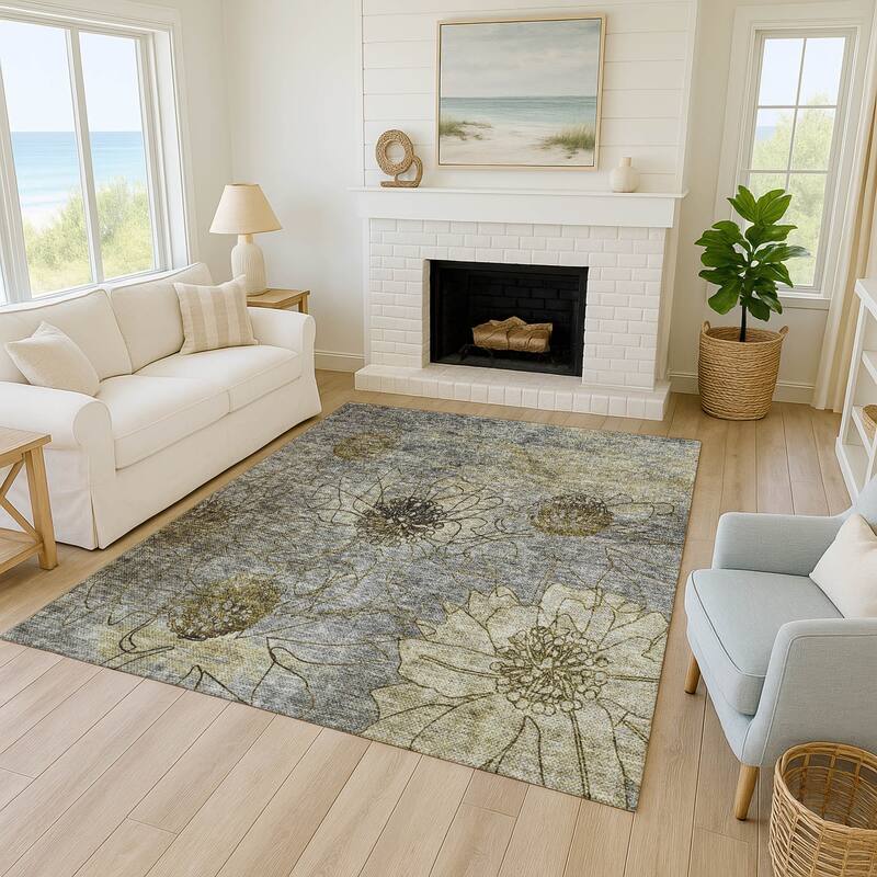 Machine Washable Indoor/ Outdoor Contemporary Floral Chantille Rug