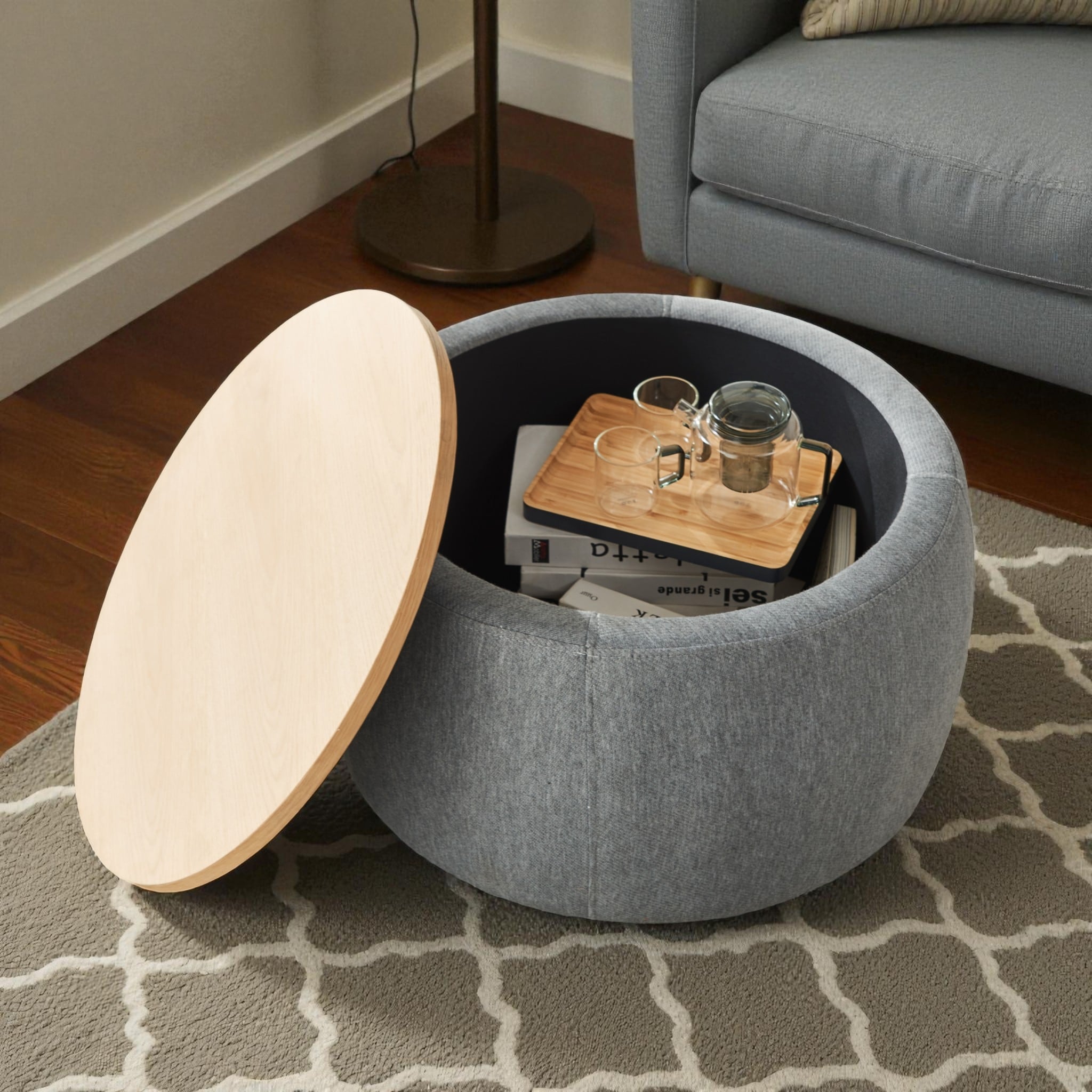 Round Storage Ottoman with Removable Lid and Oak Veneer Top, Footstool and End Table Combo, 25.5'' - MDF