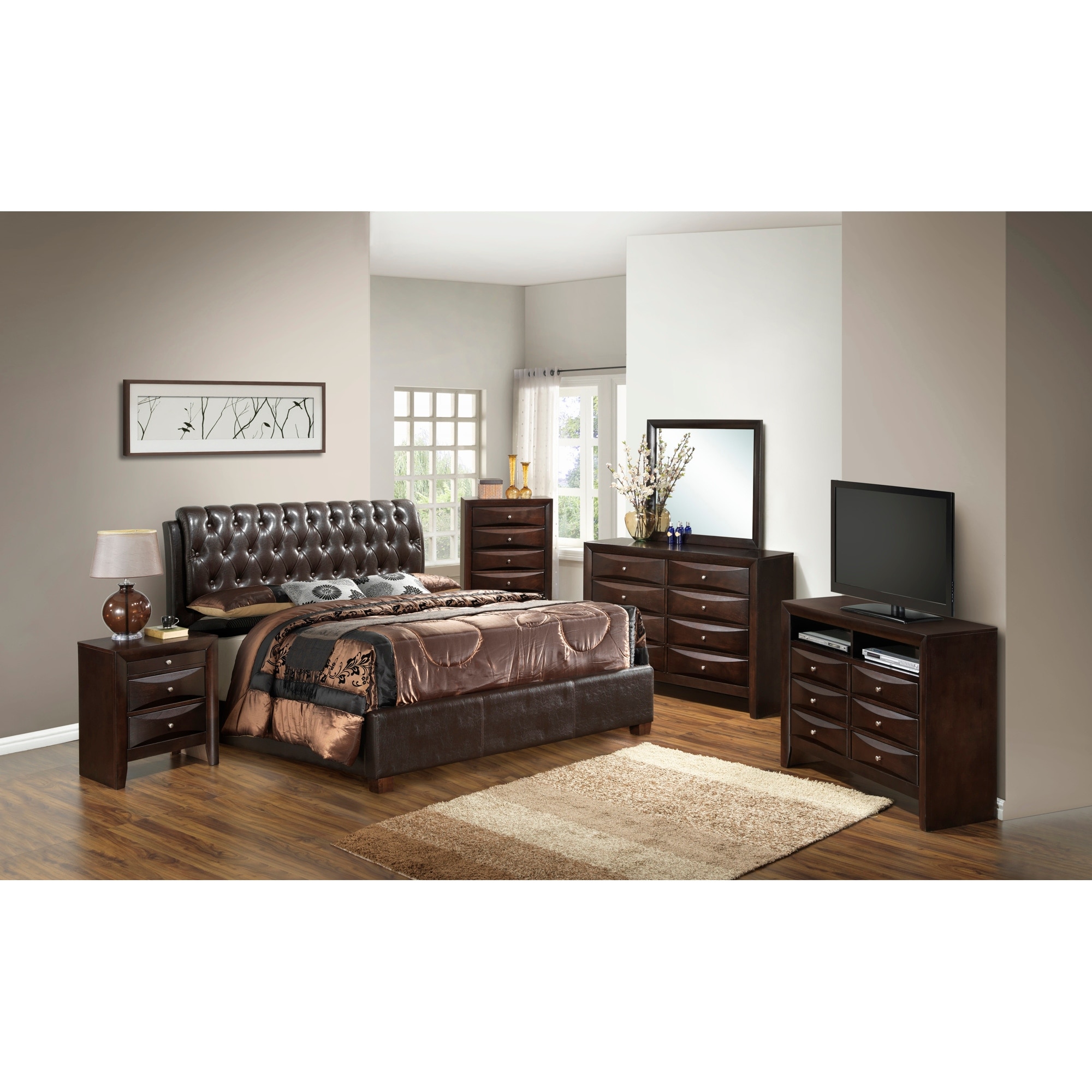 Roomfitters Upholstered Platform Bed Frame with Elegant Button Detailed Headboard, No Box Spring Needed, Dark Brown
