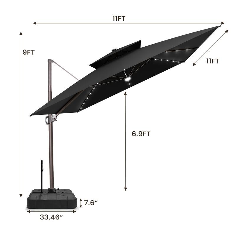 11 FT Square Outdoor Patio Cantilever Umbrella with Solar Lights Rod Wheel Base Double Canopy 360 Rotation Tilt