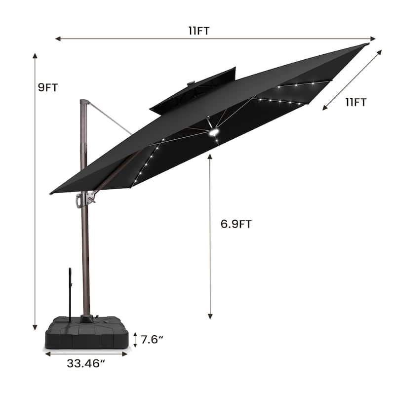 Pellebant 11 FT Square Outdoor Patio Double Top Cantilever Umbrella Solar LED Lighted with Rod Base