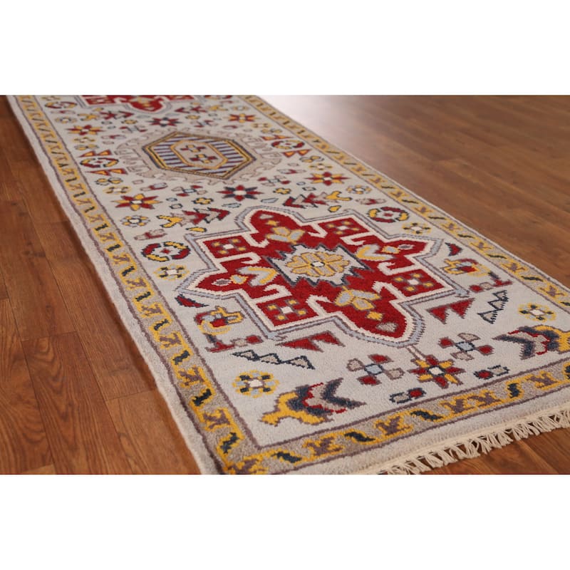Heriz Serapi Indian Runner Rug Hand-Knotted Wool Carpet - 2'8" x 8'0" - Grey - 2'8" x 8'0"