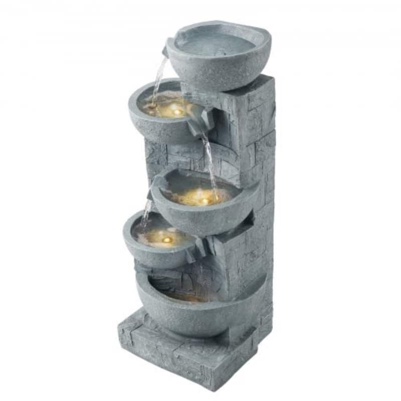 Modern Rock Grey 5-Tier Outdoor Water Fountain with LED Lights for Patio or Garden Decor - 12.99 x 12.20 x 31.50 in