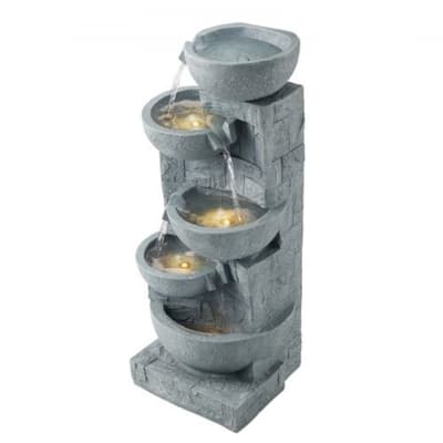 Modern Rock Grey 5-Tier Outdoor Water Fountain with LED Lights for Patio or Garden Decor - 12.99 x 12.20 x 31.50 in
