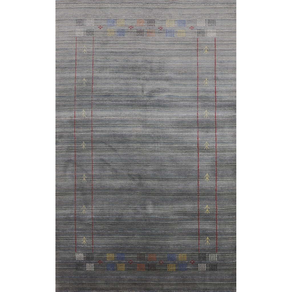 Striped Gray Gabbeh Oriental Area Rug Hand-Knotted Wool Carpet - 5'0"x 7'11"