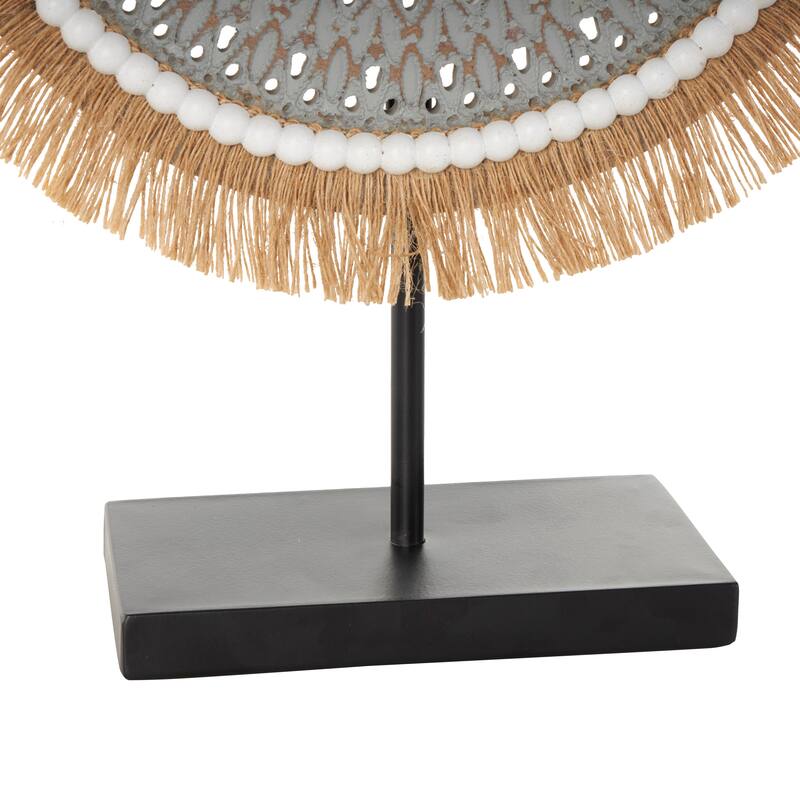 White or Gray Wooden Handmade Seagrass Fringed Sculpture with Black Base