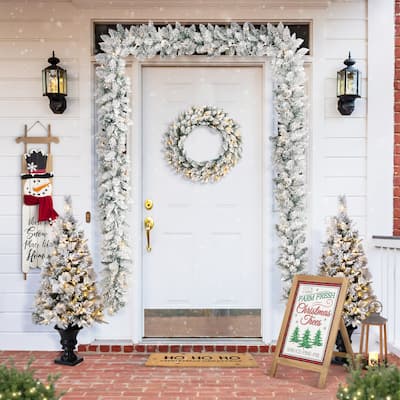 Glitzhome 24"D Pre-Lit Christmas Wreath Matched 2pk 9ft Garland Set