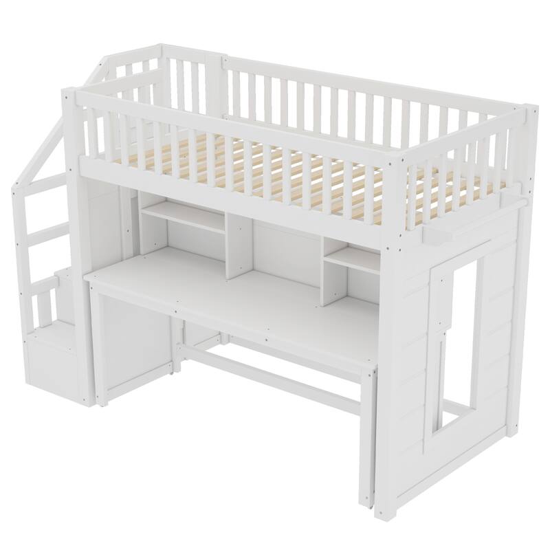 Children's Bedroom Solid Wood Loft Bed with Movable Desk, Storage Stairs, Shelves, Safety Guardrails and Optional Full or Twin