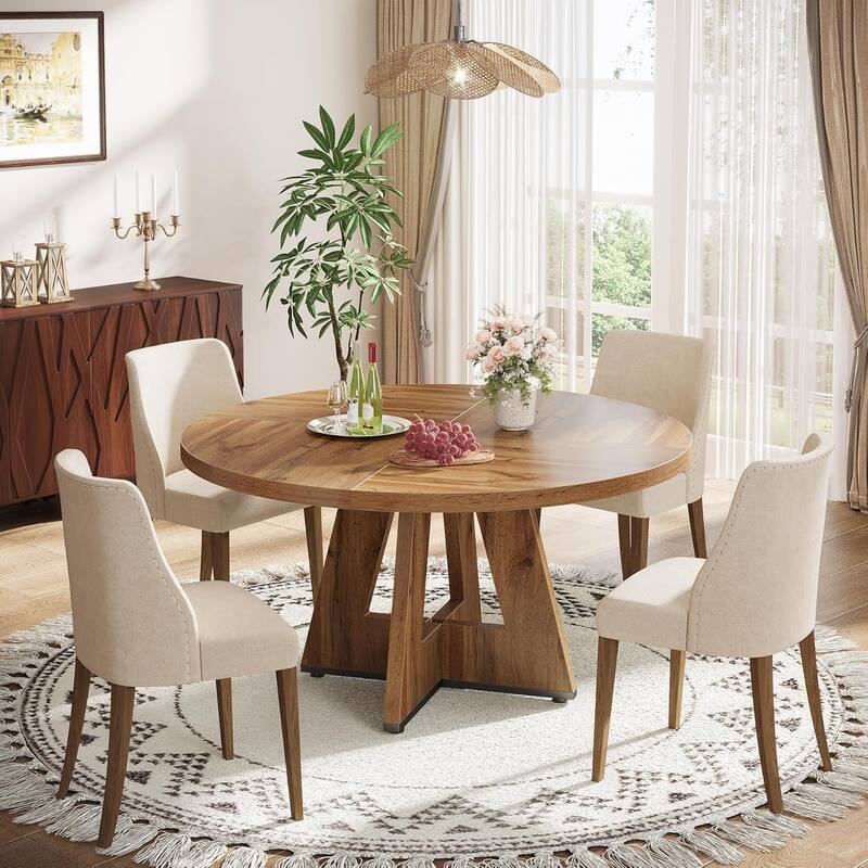 47" Round Wood Dining Table 4-Seater Farmhouse with Wooden Tabletop Cross Base for Dining Room/Kitchen