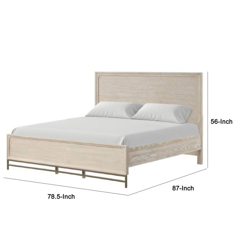 Rozie King Bed with Panel Style Headboard, Metal Legs, Light Oak Wood