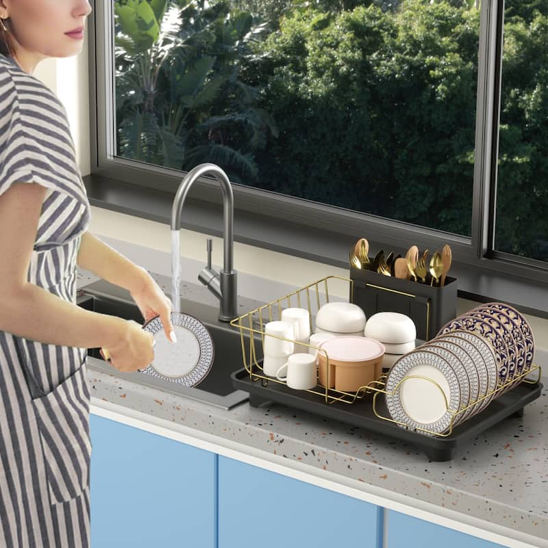 Dish Drying Rack for Kitchen Countertop, Gold Stainless Steel Dish Drainer with Drain Board, Utensil Holder & Anti-Slip Feet