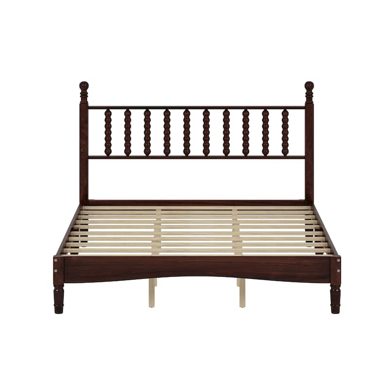 Queen Size Platform Bed Mid Century Concise Bed Frame with Wood Slats and Multi-Center Support Legs, Gourd Shaped Headboard