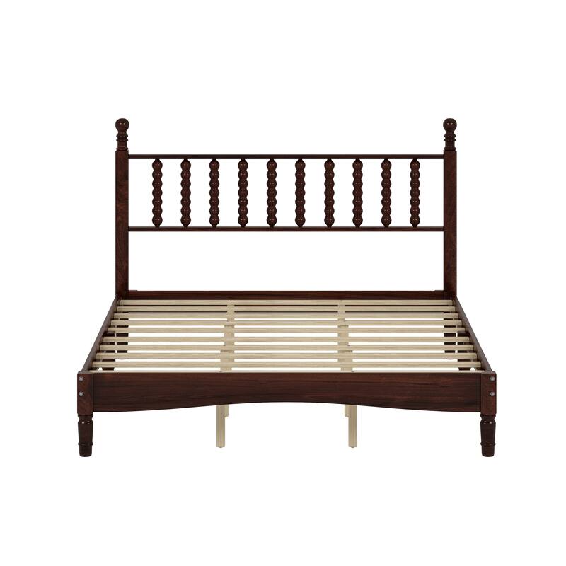 Queen Size Wood Platform Bed with Gourd Shaped Headboard, Retro Style, No Box Spring Needed, Sturdy Wooden Slats for Bedroom