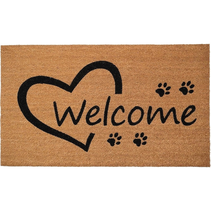 HomeRoots 17" X 29" Natural And Black Pawprint Welcome Outdoor Coir Door Mat - 17' X '29