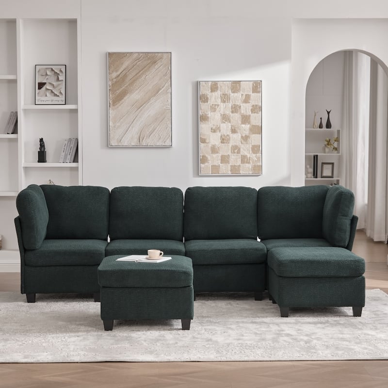 Freely Combinable Convertible Modular Sectional Sofa with Storage Ottomans - Emerald
