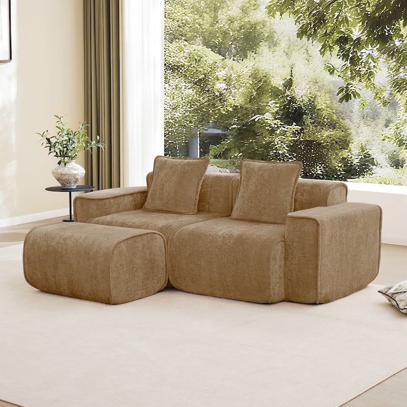Streamlined Design Modular 2 Seat L Shape Boneless Velvet Fabric Sofa with 1 Movable Ottoman - 8' x 10'