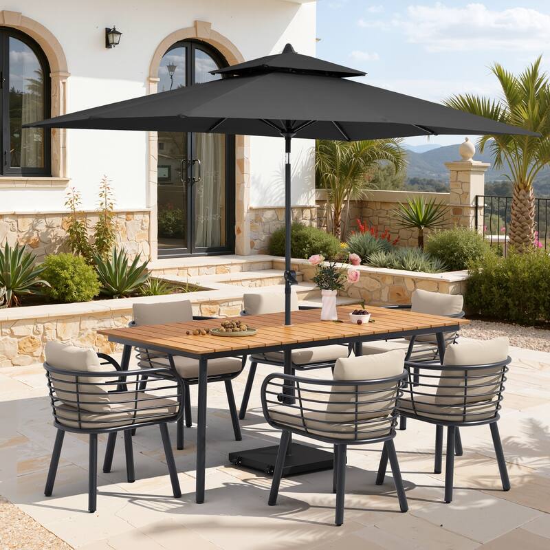 9-Piece Outdoor Patio Dining Set w/10 ft Umbrella and Base Aluminum Dining Table and Chairs with Sunbrella Cushion - Brown Table with Black Umbrella