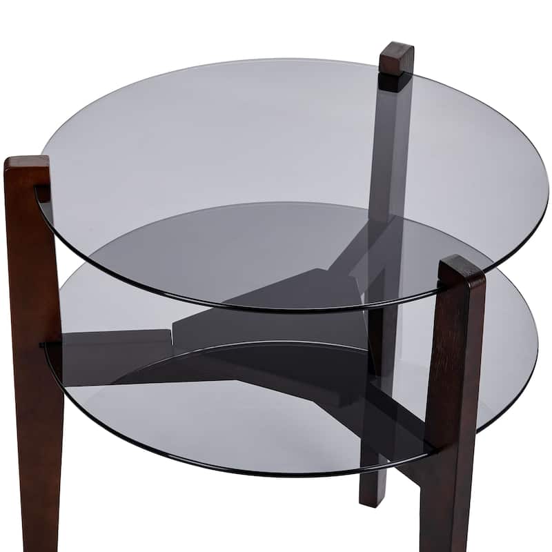 24 Inches 2-tier Glass Round End Table with Shelf and Wooden Legs