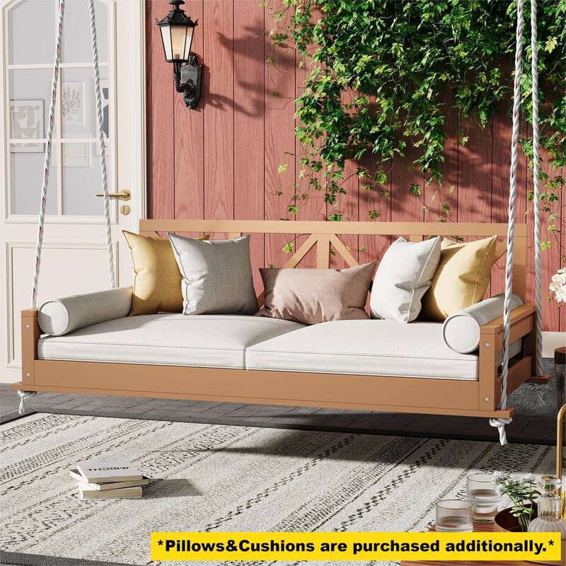 Wood Twin Size Patio Hanging Swing with Hemp Ropes (No Cushion,Pillow)