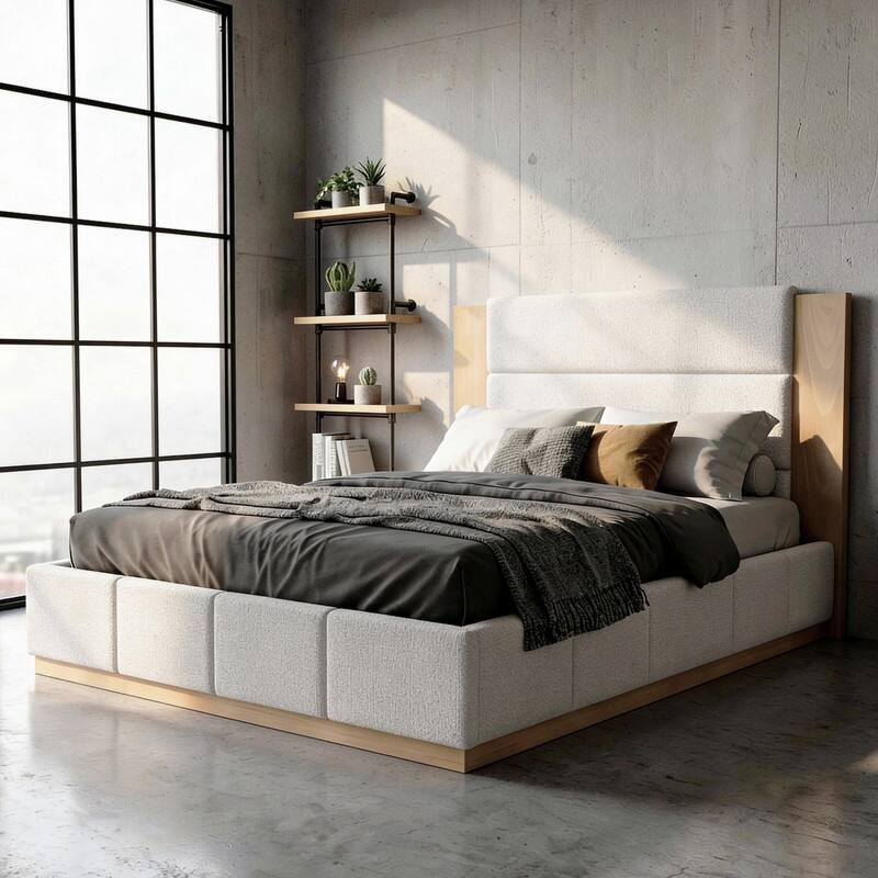Upholstered Bed Low Profile Platform Bed Modern Wood Base Grounded Bed with Extended Wood Headboard and Upholstered Wingback