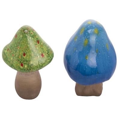 Transpac Small Terracotta Glazed Green Blue Mushroom Figurines Set of 2 Home and Garden Decorations