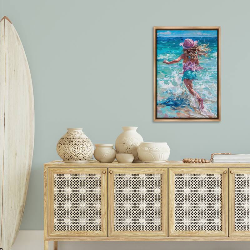 Stupell Summer Beach Fun Girl Framed Floater Canvas Wall Art Design By LSR Design Studio