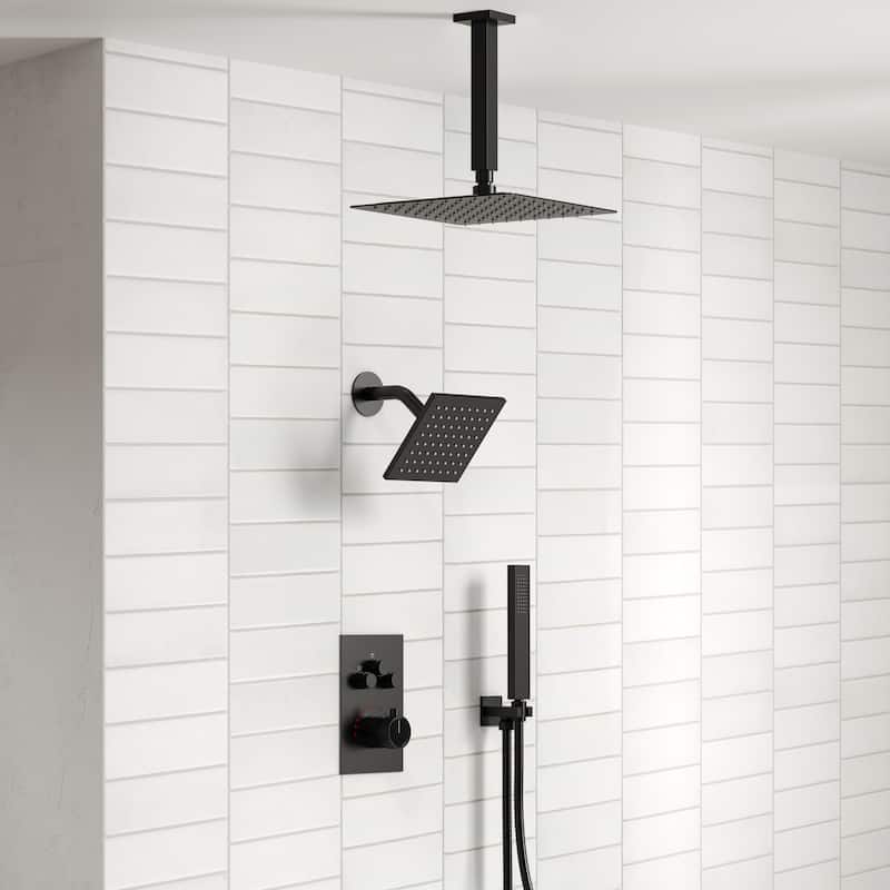 Thermostatic Shower Faucet, 12" High-Pressure Dual Showerheads System with Rough-In Valve - Black