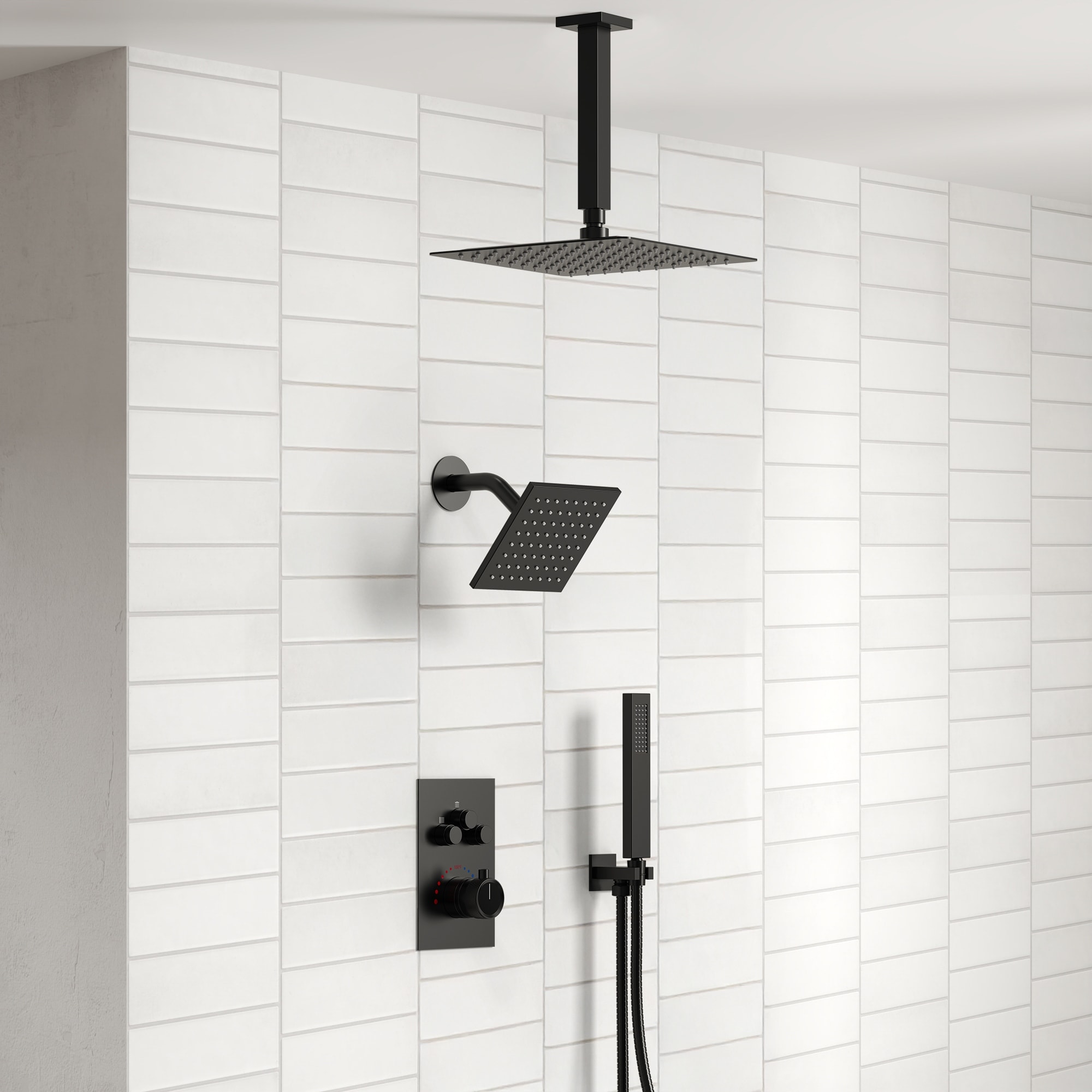 Everstein Thermostatic Rainfall Shower System – Ceiling Mount 12" Dual Head With Handheld Spray (Matte Black)