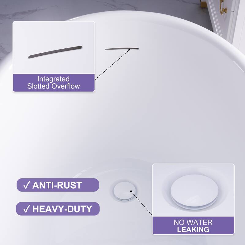 66'' W,68 GALLONS Freestanding Acrylic Soaking Bathtub With Drain And Overflow Holes