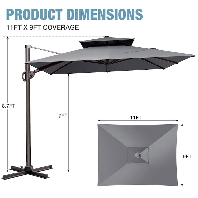 VredHom 9X11FT Outdoor Dual Wind Vent Offset Cantilever Patio Umbrella