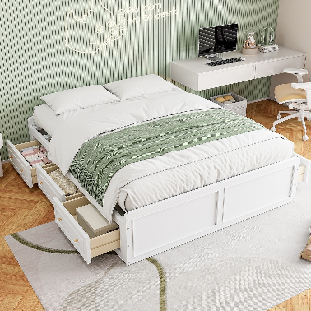 Queen Size Storage Bed Frame with 6 Drawers Low Profile Platform Bed