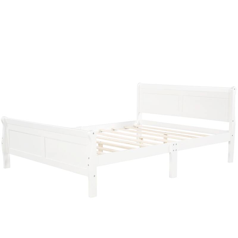 White Full Size Wood Platform Bed with Headboard and Wooden Slat Support