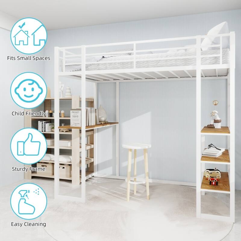 Iron Frame Bunk Bed with L-shaped Desk,Railing and Stairs