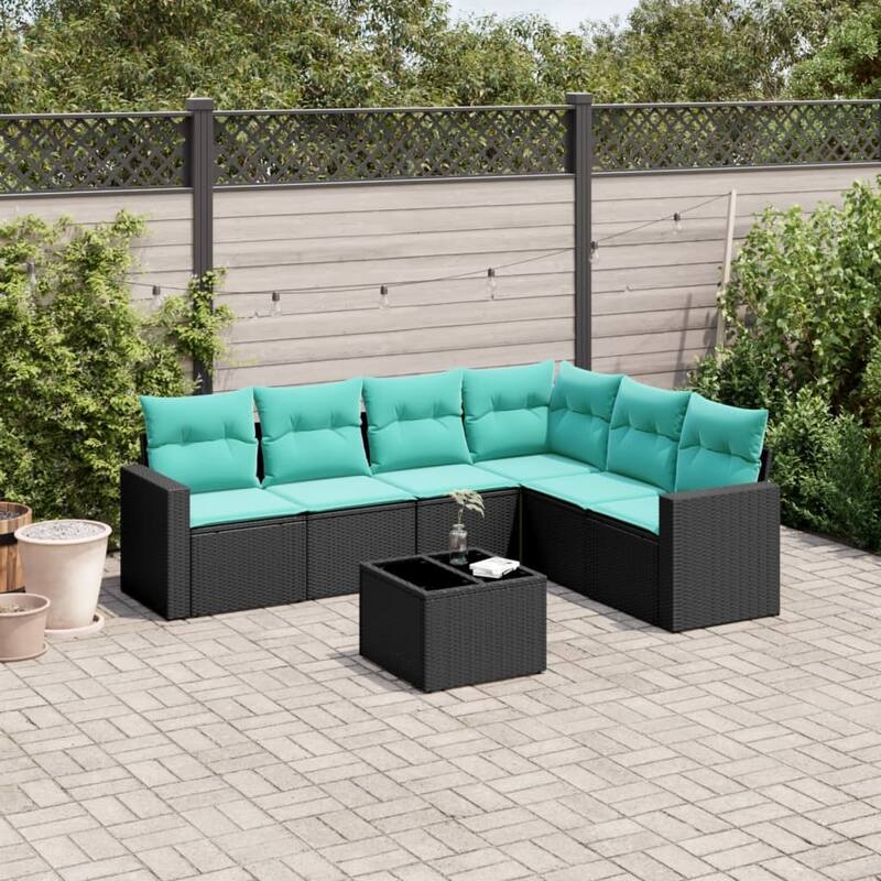 vidaXL 6/7 Piece Patio Sofa Set with Cushions Black Poly Rattan - 24.4" x 24.4" x 27.2" - Black and blue-With table