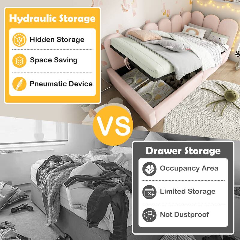 Velvet Upholstered Daybed, Twin Size Lift Platform Sofa Bed Frame, Hydraulic Storage Bed Frame, Heavy Duty Metal Slat Support